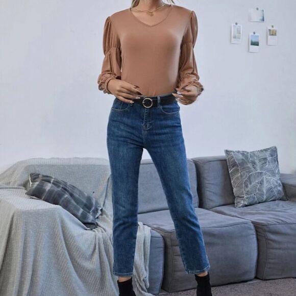 CLEARANCE Camel Tan Taupe Statement Sleeve Top - Picture 4 of 9